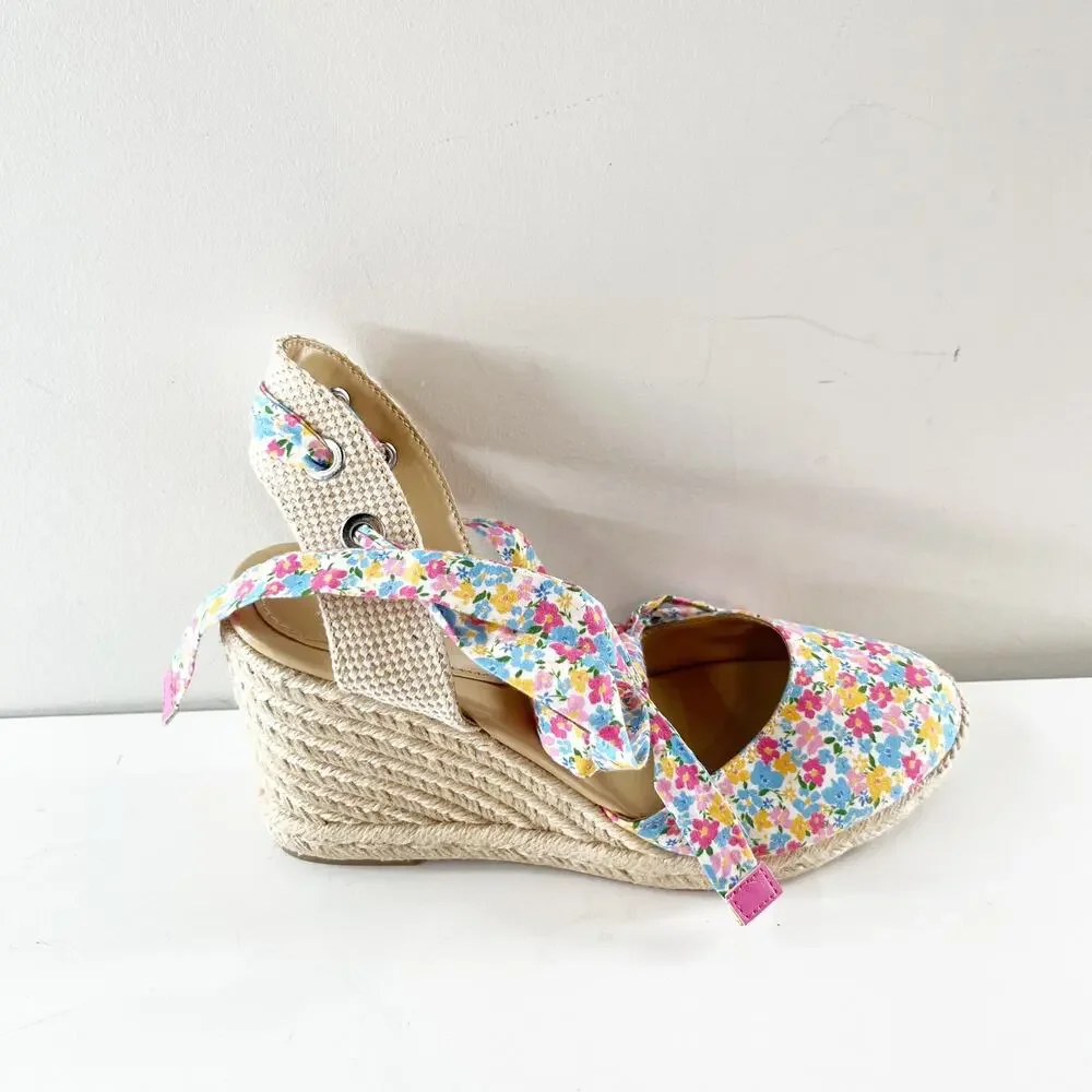 Nine West Friend Ditzy Floral Ankle Wrap Espadrille Wedge Sandals Pink Blue 7
